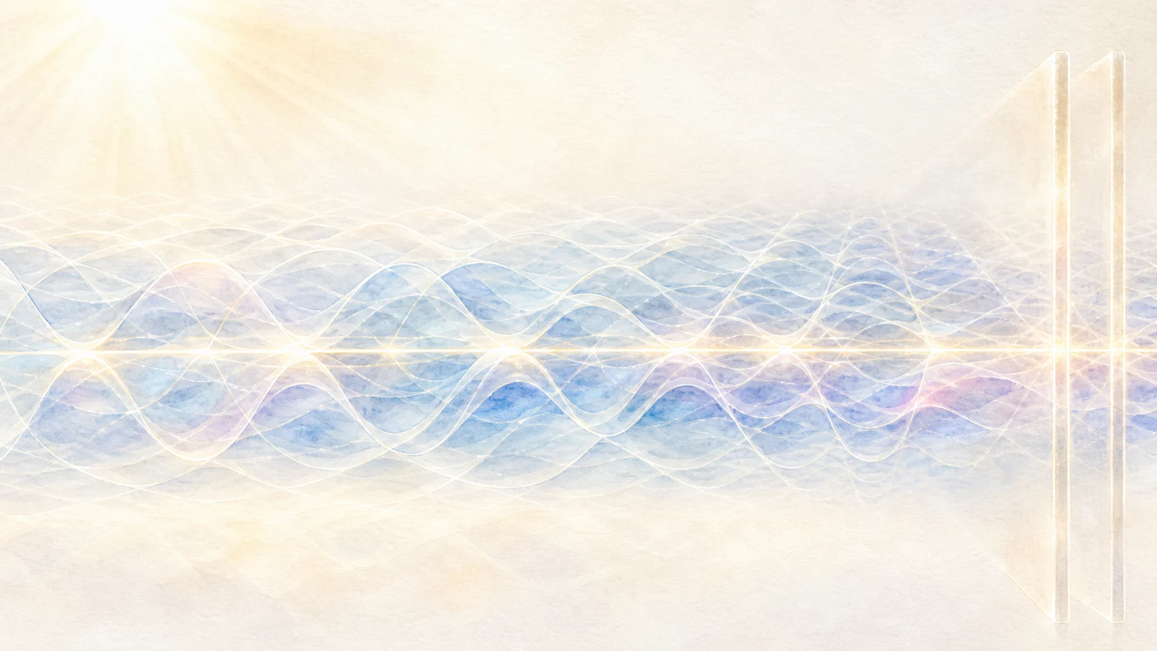 A luminous field of overlapping wave modes continues through apparently empty space, with two boundaries selecting modes at the right.