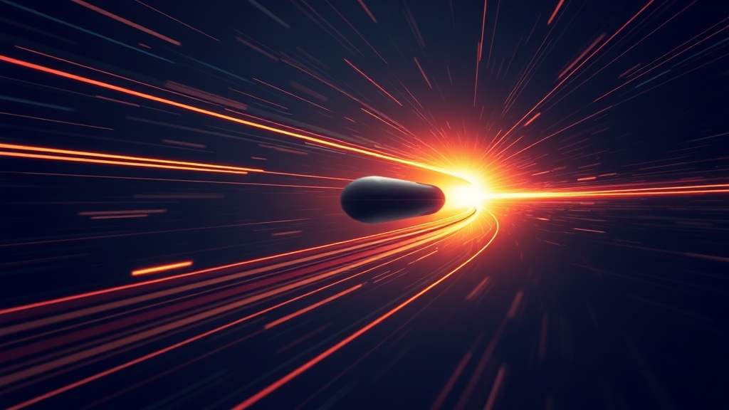 An accelerating body dragging a lagging, turbulent wake through a glowing vacuum medium.