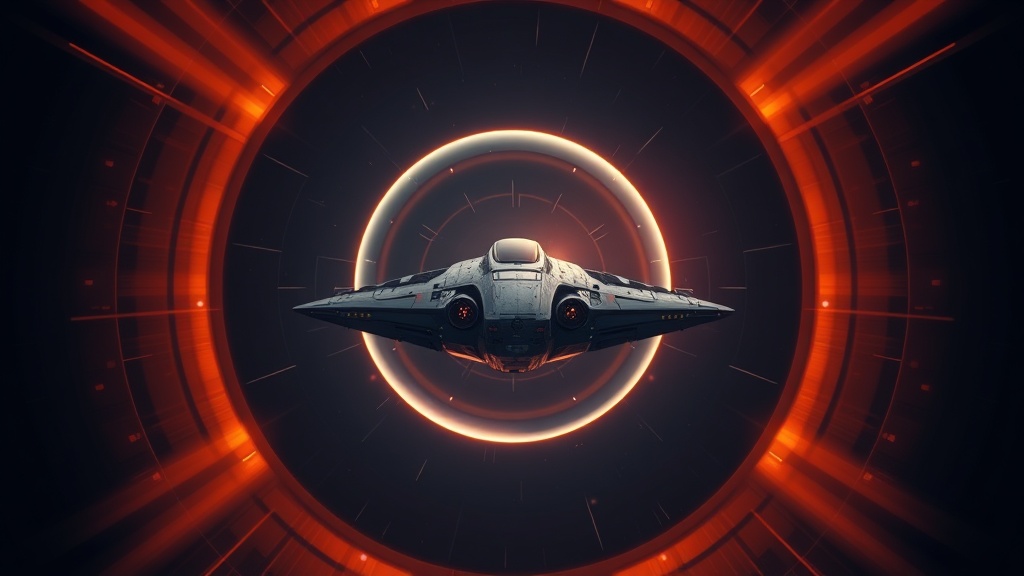 A ship at rest inside a warp bubble, space contracted ahead and expanded behind it.
