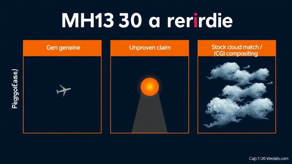 Three columns sorting MH370 footage into anomaly, unproven claim, and debunk case.